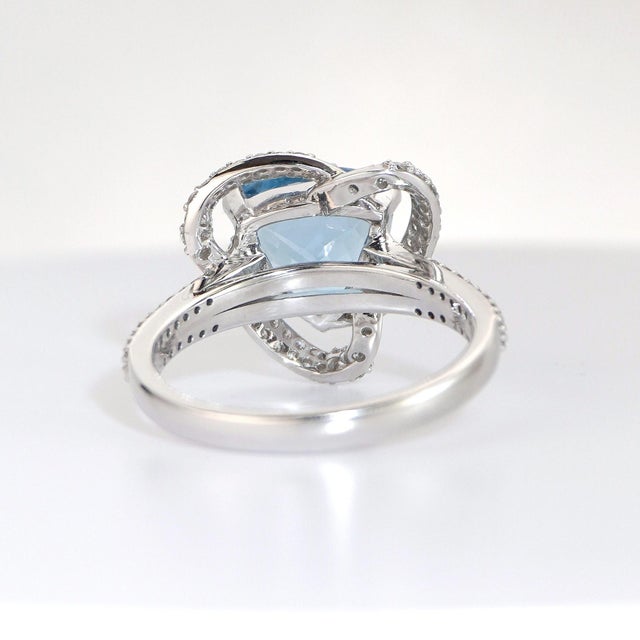 2020s Trilliant-Cut Aquamarine Ring With Diamonds in 14k White Gold Size 7 For Sale - Image 5 of 7