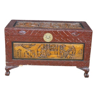 Mid Century Chinese Carved Elm Trunk Hope Chest Coffee Table Camphor Chinoiserie For Sale