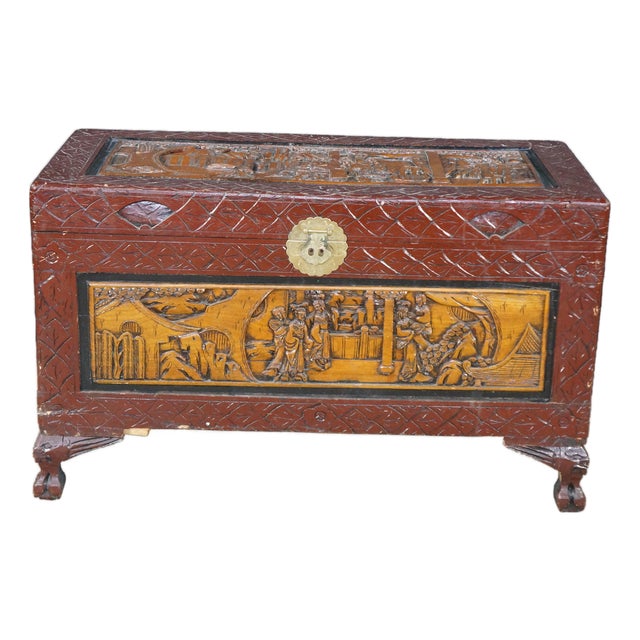 Mid Century Chinese Carved Elm Trunk Hope Chest Coffee Table Camphor Chinoiserie For Sale
