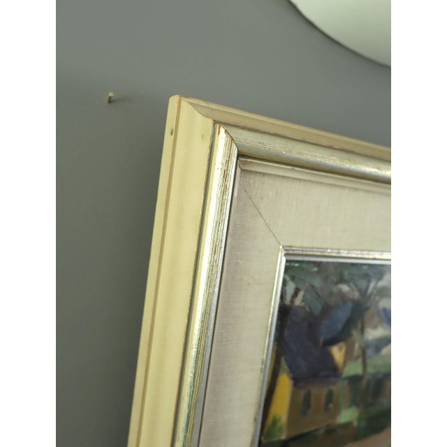 Green Mid-Century Modern 'Houses by the Canal' Swdish Expressionist Landscape Oil Painting, Framed For Sale - Image 8 of 12