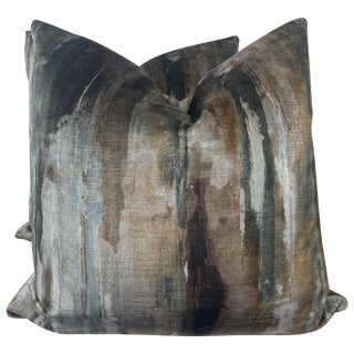 Painterly Velvet in Plum/Steel 22" Pillows-A Pair For Sale