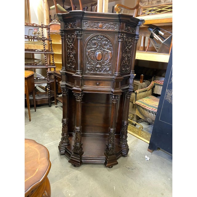 Late 19th Century Rich Dark Walnut Hand Carved Antique English Court Cupboard For Sale - Image 5 of 12