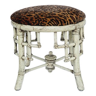 1950s Chinese Chippendale Style Bamboo Ottoman in Leopard Velvet For Sale