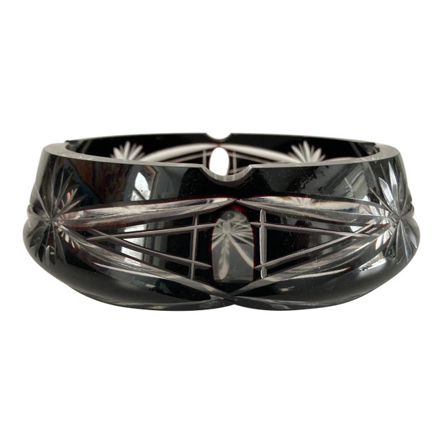 Midcentury Bohemian Cut Crystal Black/Clear Ashtray For Sale