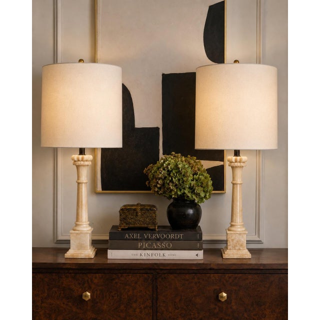 Exceptional Vintage Pair of Italian Hand-Carved Alabaster Neoclassical Column Table Lamps – Newly Rewired For Sale - Image 10 of 11