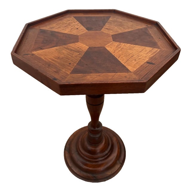 Wood Antique Inlaid Octagonal Wood Accent Table Geometric Iron Cross Marquetry Top For Sale - Image 7 of 11