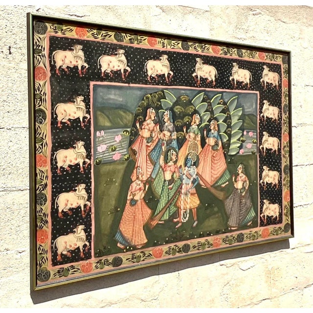 Vintage Indian Pichwai Folk Art Painting on Silk For Sale - Image 4 of 14