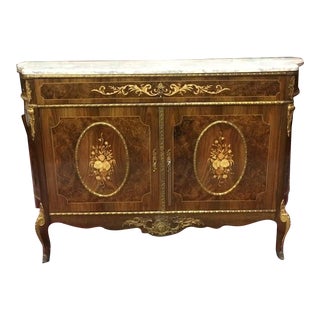 Vintage French Style Buffet Credenza, Marble Top Server, Inlaid Server For Sale