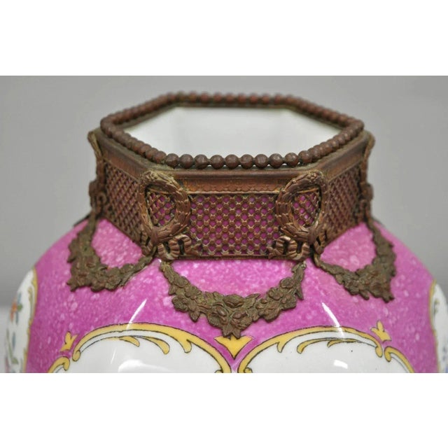 Antique Chinoiserie Pink French Porcelain German Ormulu Bird Painted Vase For Sale - Image 4 of 11