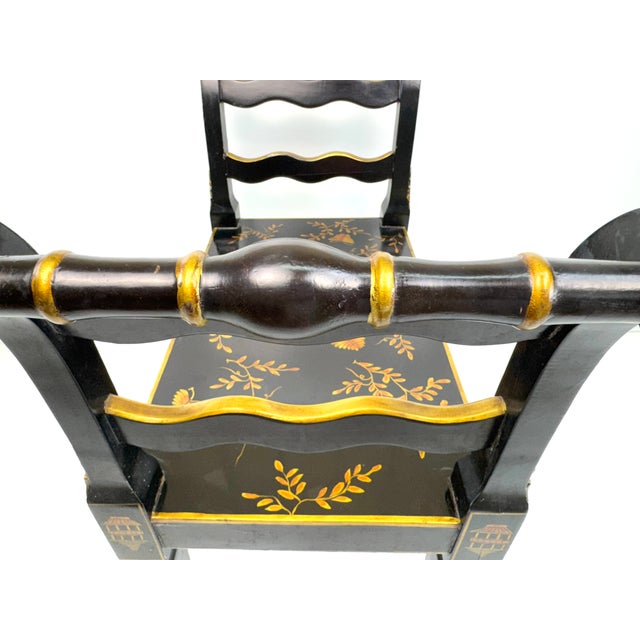 Vintage Chinoiserie Black Lacquer Accent Bench With Gilt Hand-Painted Motifs For Sale - Image 9 of 15