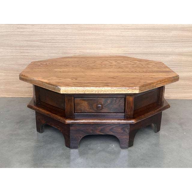 Early 20th Century Spanish Fir and Walnut Octogonal Table Special Design Restored Wax Polished For Sale - Image 9 of 18