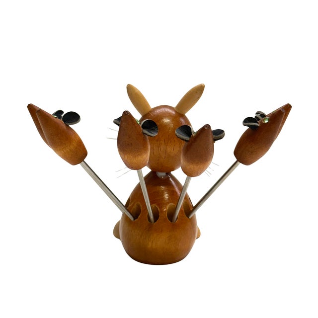 Vintage Mid-Century Wooden Cat & Mouse Cocktail Fork Set - 7 pcs For Sale - Image 4 of 5
