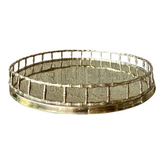 Circa 1970 Hollywood Regency-Style Faux Bamboo Gallery Round Polished Brass Tray For Sale