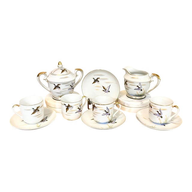 Antique Hand-Painted Ducks in Flight Teacup and Saucer Sets with Creamer & Sugar- 10 Pieces For Sale