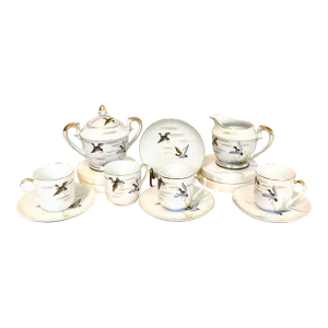 Antique Hand-Painted Ducks in Flight Teacup and Saucer Sets with Creamer & Sugar- 10 Pieces