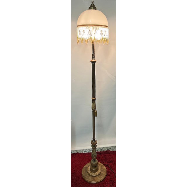 Green Antique Brass and Onyx Beaded Glass Shade Floor Lamp, 1950s For Sale - Image 8 of 9