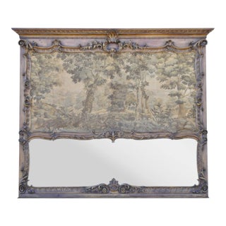 Antique French Louis XV Style Large Overmantle Trumeau Mirror With Tapestry For Sale