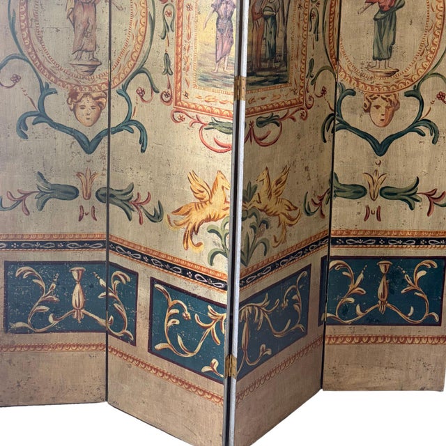 Late 20th Century Hand-Painted Neoclassical 4-Panel Folding Screen – 7 Ft For Sale - Image 4 of 9