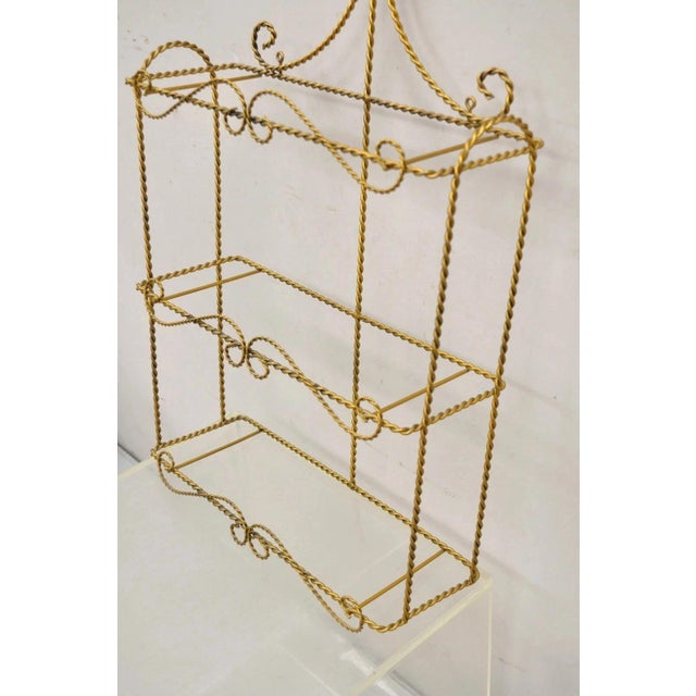Vintage Gold Gilt Metal Hollywood Regency Scrolling Iron 3 Tier Small Wall Shelf For Sale In Philadelphia - Image 6 of 10