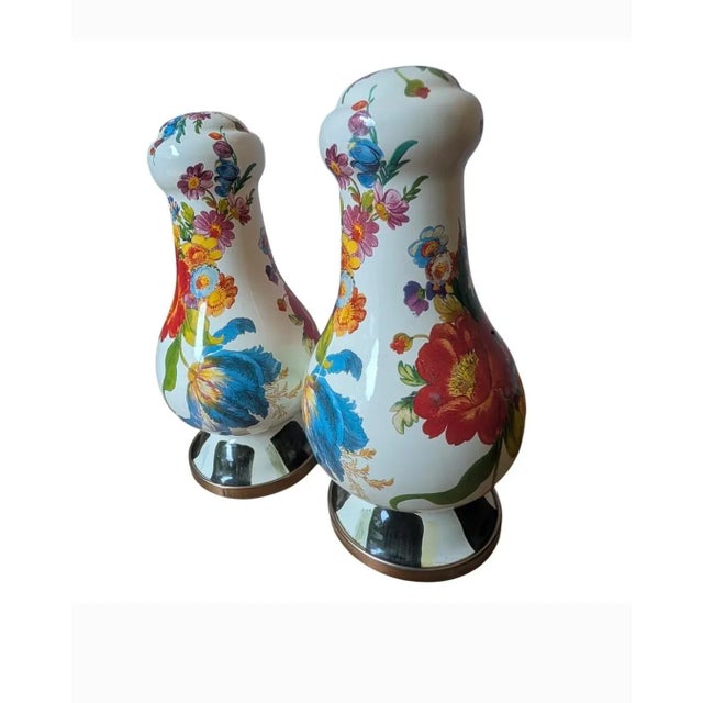 Boho Chic Mackenzie Childs Flower Market Salt Pepper Shakers Black White Checkered Base For Sale - Image 3 of 7