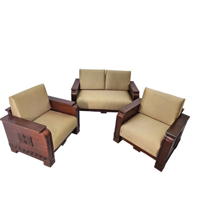 Well-made sofa set crafted from solid mahogany (not veneer). Custom built in the 1980s, following the style of Frank Lloyd...