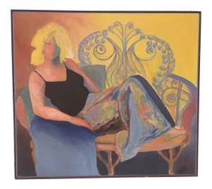 Vintage Portrait of a 1970s Lounging Lady in Denim Skirt Signed Sara