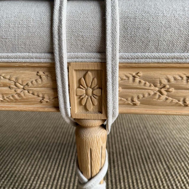 Not Yet Made - Made To Order White Oak Carved French Louis XVI Style Bench Upholstered in Linen With Cushion For Sale - Image 5 of 9
