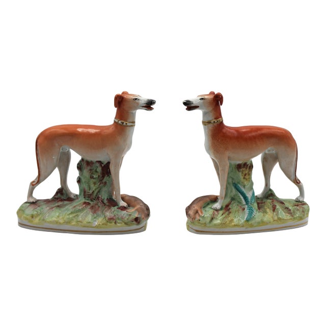 Circa 1860-80 English Staffordshire Pair of Standing Whippets For Sale