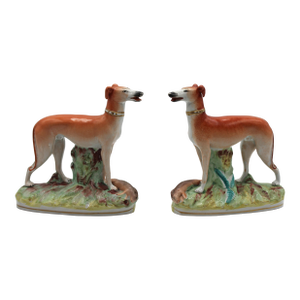 Circa 1860-80 English Staffordshire Pair of Standing Whippets