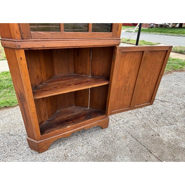 Antique French Country Pine Corner Cabinet With Original Blown Glass Panes For Sale - Image 6 of 11