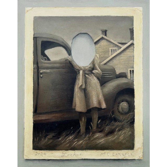 Locket II features a figure standing beside a vintage car, their face obscured by an empty oval, creating a sense of...