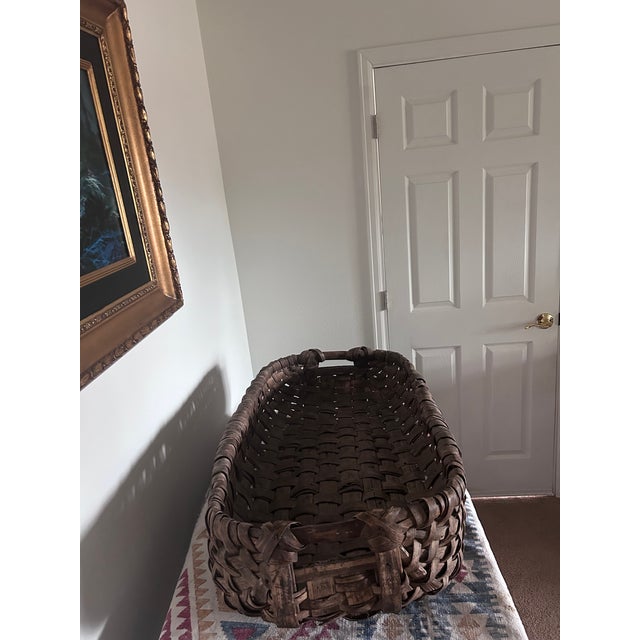 Farmhouse Antique/Vintage Appalachian Oak Weaved Work Basket With Runner/Skids Circe 1800-1905 Era For Sale - Image 3 of 15