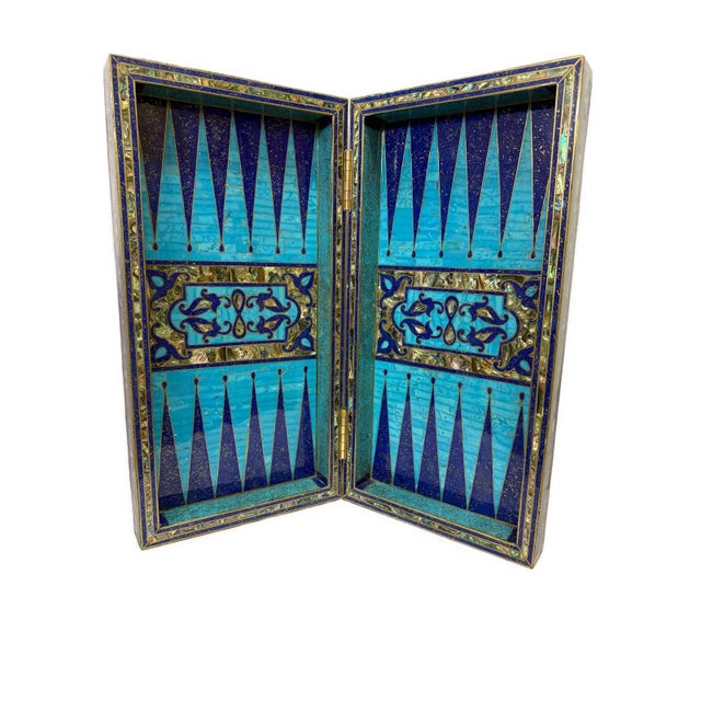 Wood Handmade Wooden Backgammon & Chess Board Lapis, Turquoise & Mother of Pearl For Sale - Image 7 of 14