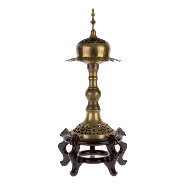Antique Indian Pierced Bronze Incense Burner on Wooden Stand For Sale