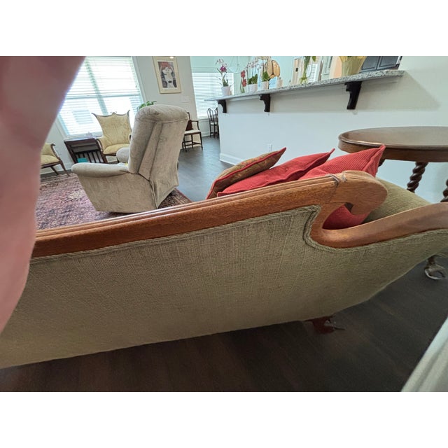 Olive Vintage Sofa With Beautiful Carved Wood Accents For Sale - Image 8 of 13