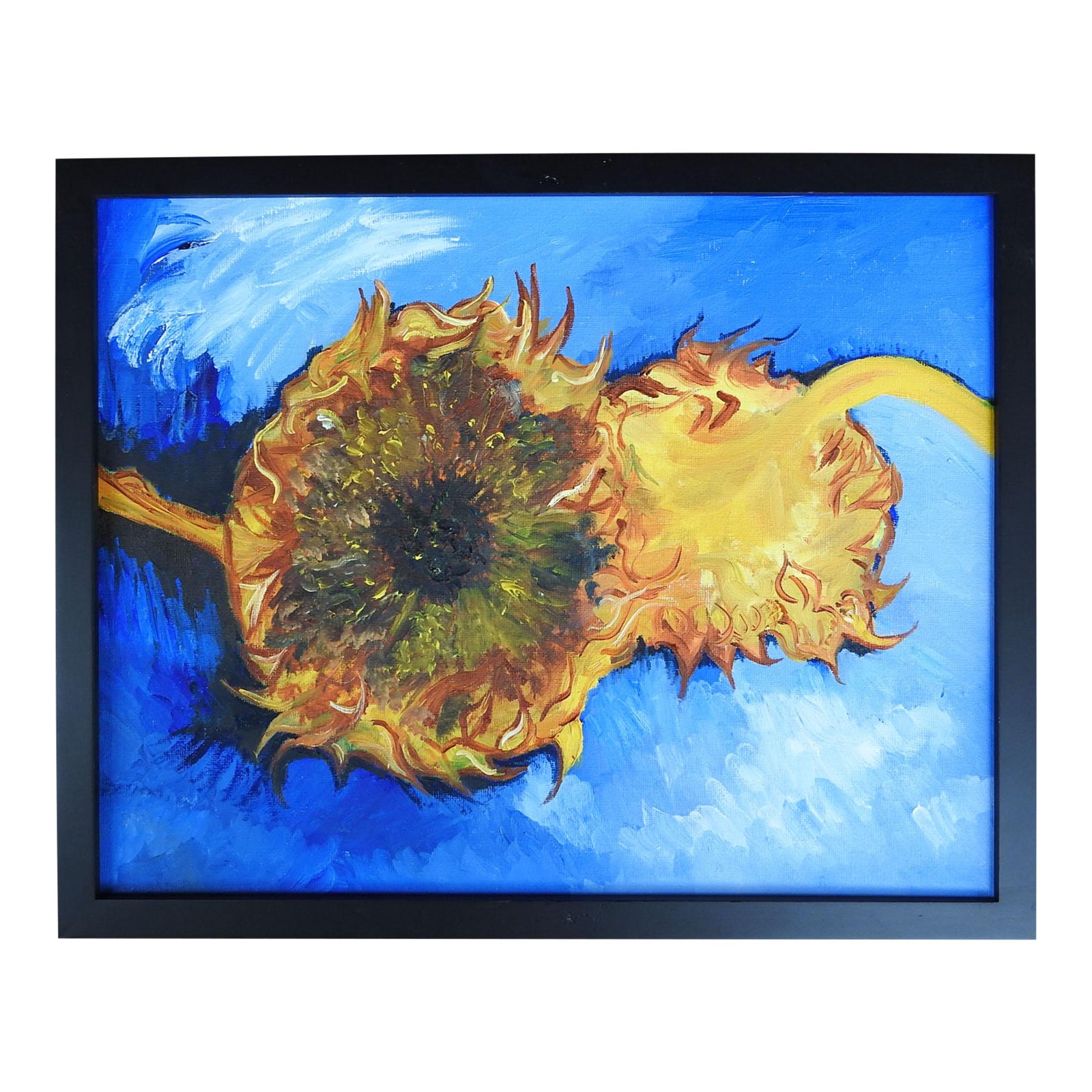 Sunflowers on Blue Painting | Chairish