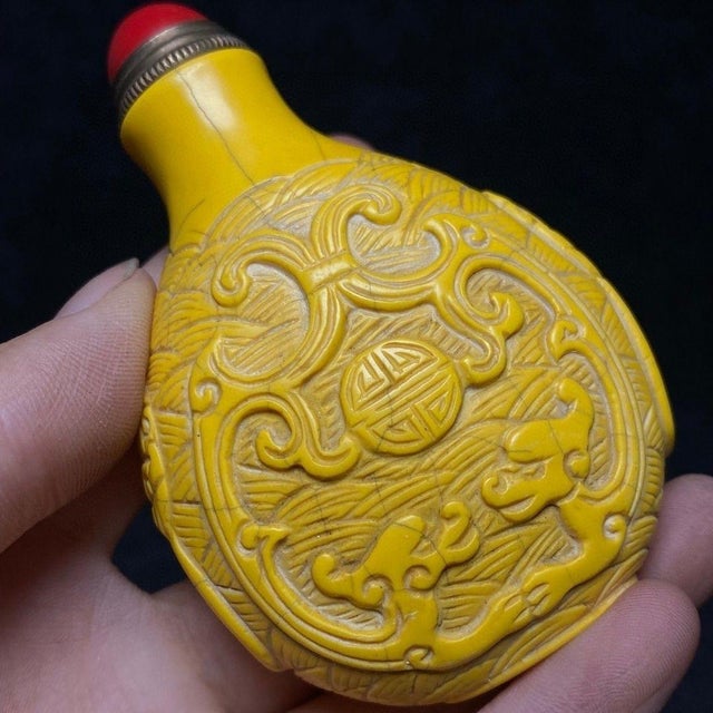 Metal Vintage Faux Ivory Carved Snuff Bottle - Yellow Relief Design For Sale - Image 7 of 9