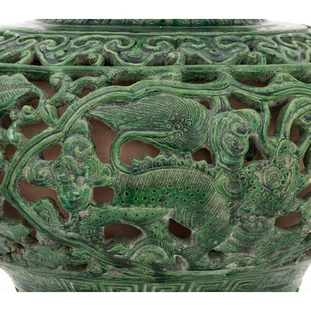 Chinese Spinach Jade Green Glazed Ceramic Pierced Vase Mounted as a Table Lamp For Sale In New York - Image 6 of 9
