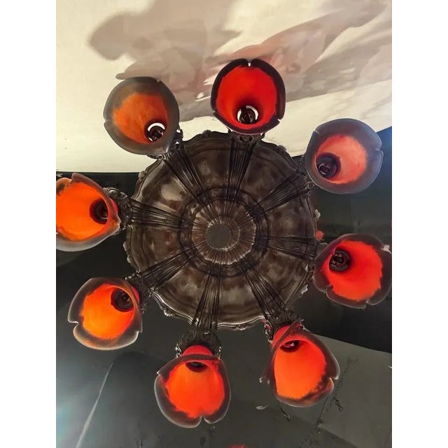 beautiful circa 1900’s Caldwell silver plated bronze chandelier pedant with art glass shades as a red flowers, 8 lights