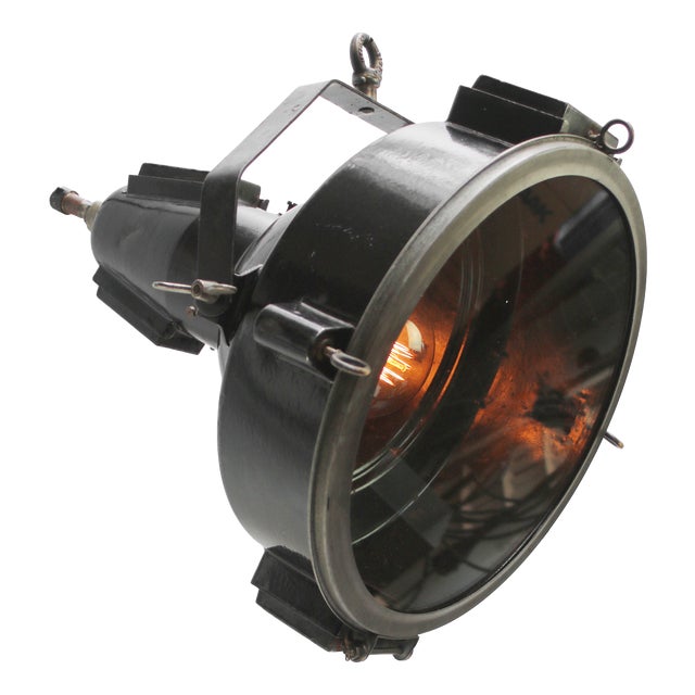 Vintage Dutch Industrial Black Enamel Clear Glass Pendant Spotlight, 1920s For Sale