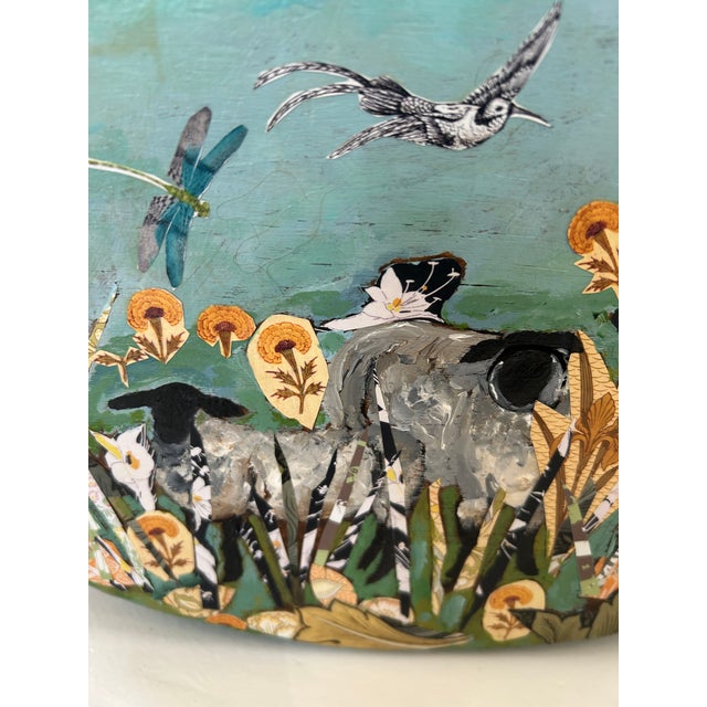 Contemporary Mixed Media Collage Painting on Vintage Large Industrial Pulley Sculpture For Sale - Image 3 of 9