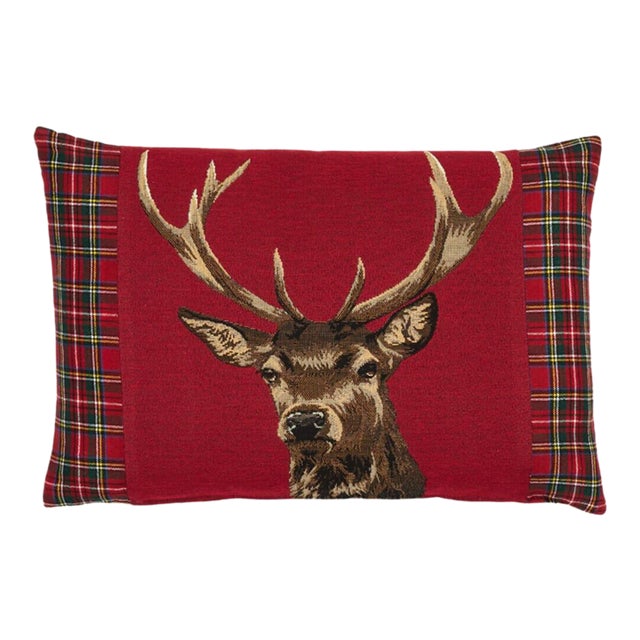 Scottish Stag Red Tartan Cushion With Tartan Sides With Feather Filler - 33x46cm (15"x18") For Sale