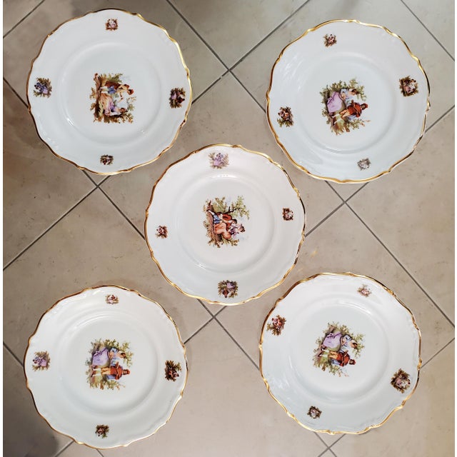 - C.T TIELSCH WALBRZYCH (POLAND) PORCELAIN: 5 Polish porcelain dessert plates, glazed in white, decorated with polychrome...