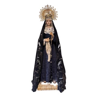 Spanish Virgin of Sorrows in Polychrome Wood with Silver Crown, 19th Century For Sale