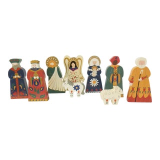 Vintage Wood Folk Art Nativity Set, 9 Pcs For Sale