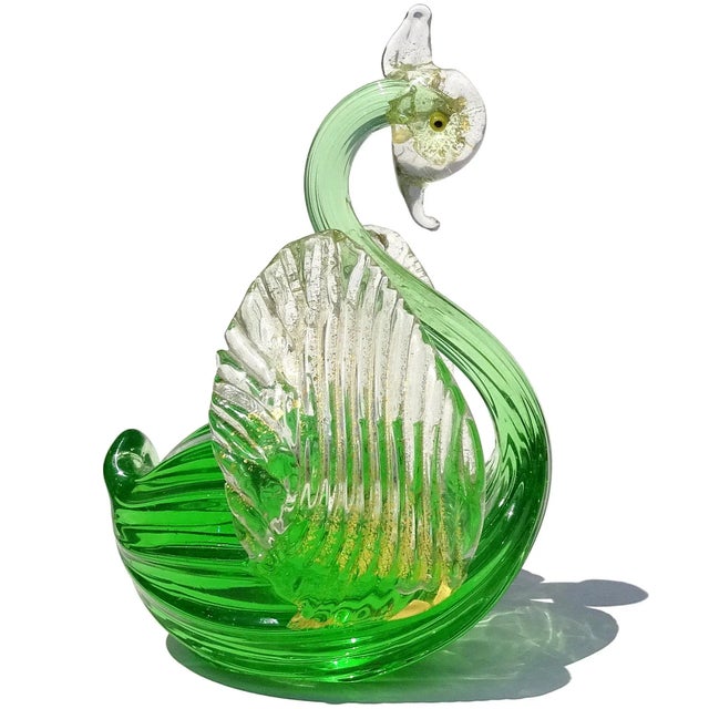 Beautiful vintage Murano hand blown emerald green and gold flecks Italian art glass swan sculpture / figurine. The bird...