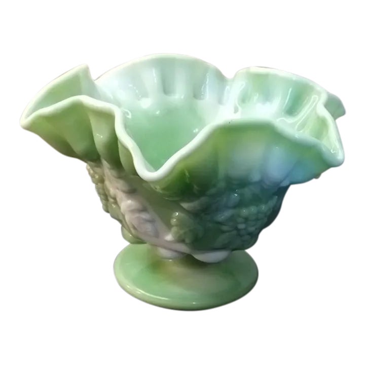 1970s Westmoreland Green Slag Glass Grape Pattern Ruffled Pedestal ...
