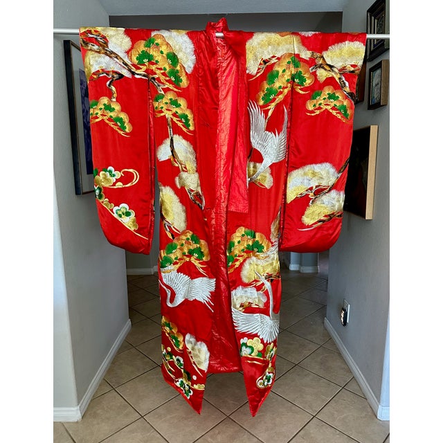 Textile Vintage Red Brocade With Flying Cranes Japanese Ceremonial Kimono For Sale - Image 7 of 18