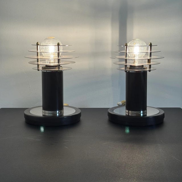 Saturn Style Table Lamps in Chromed Steel with Disc Shade, Set of 2 For Sale - Image 3 of 15