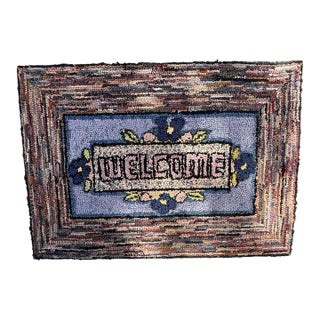 1930s Hand-Hooked Mounted Welcome Rug From Pennsylvania For Sale